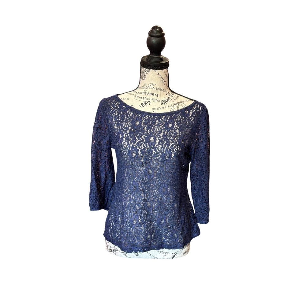 Ann Taylor LOFT Navy Blue Floral Lace‎ Button Back 3/4 Sleeve Blouse Small
